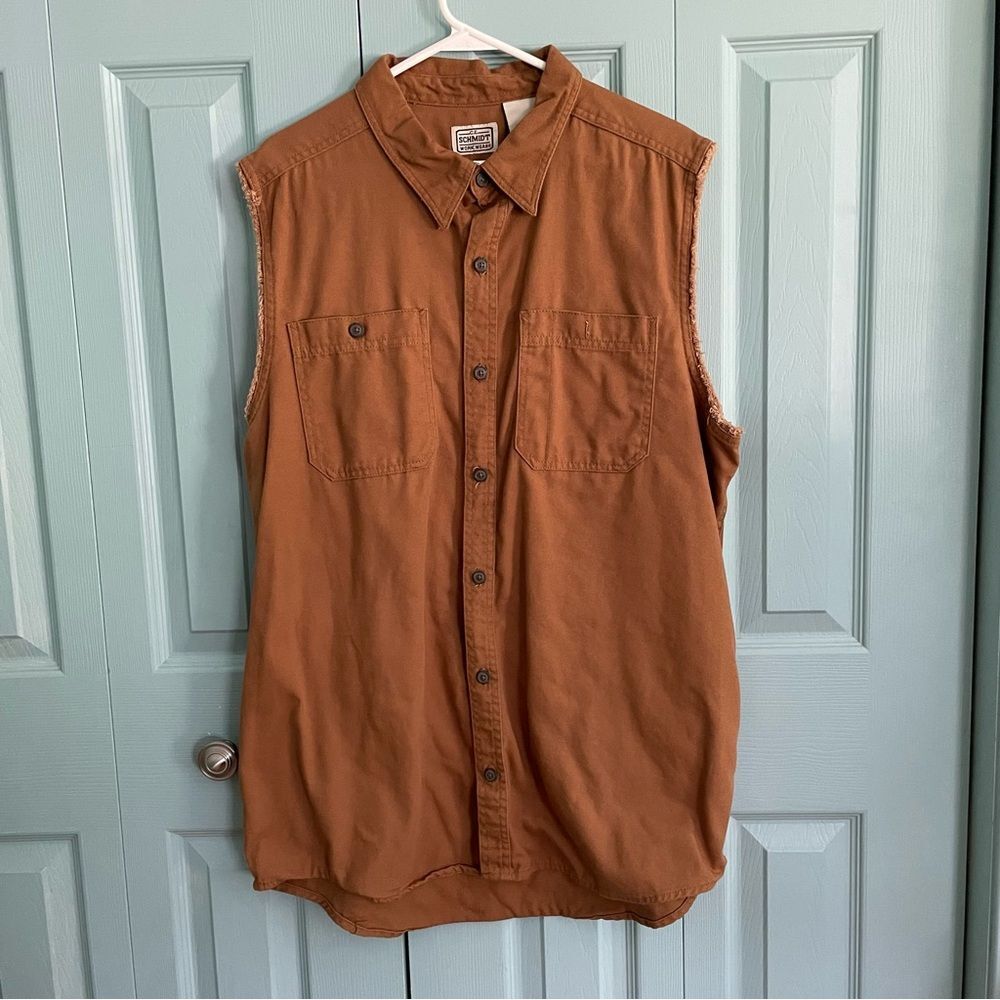 CE Schmidt Workwear Mens Sleeveless Cut Off Button Front Shirt Large Brown